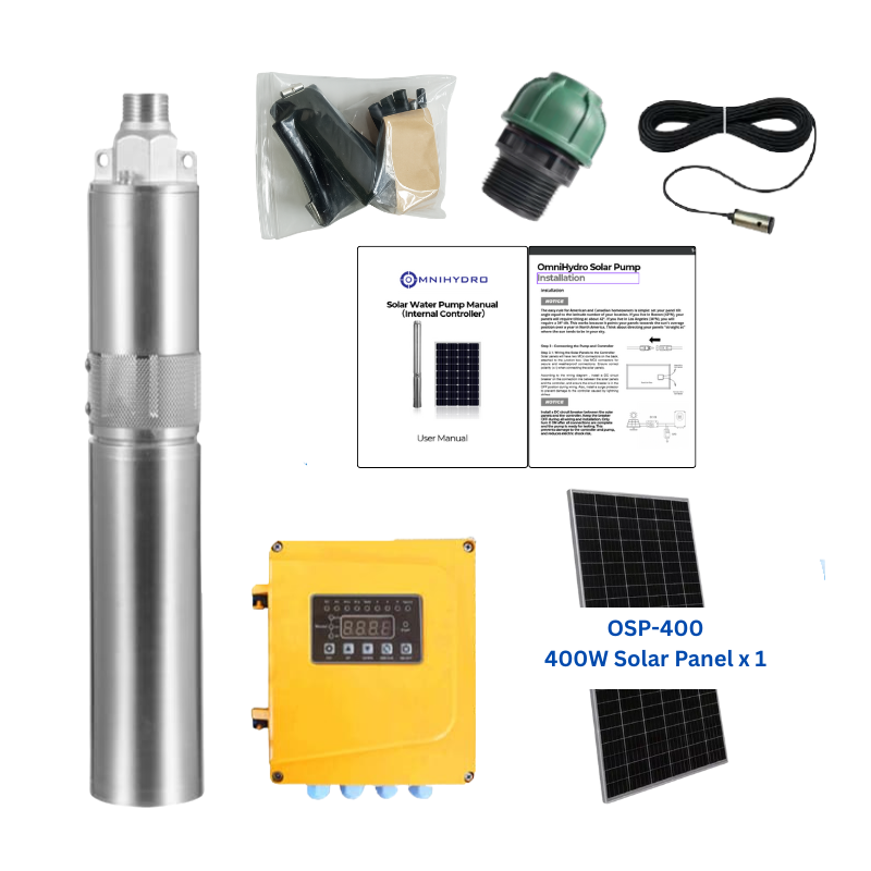 3OSP5-230E | Up to 230ft, 4.8 GPM, 0.4HP, solar submersible pump, with external MPPT controller