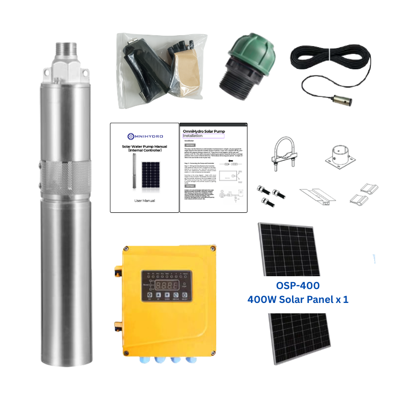 3OSP5-230E | Up to 230ft, 4.8 GPM, 0.4HP, solar submersible pump, with external MPPT controller