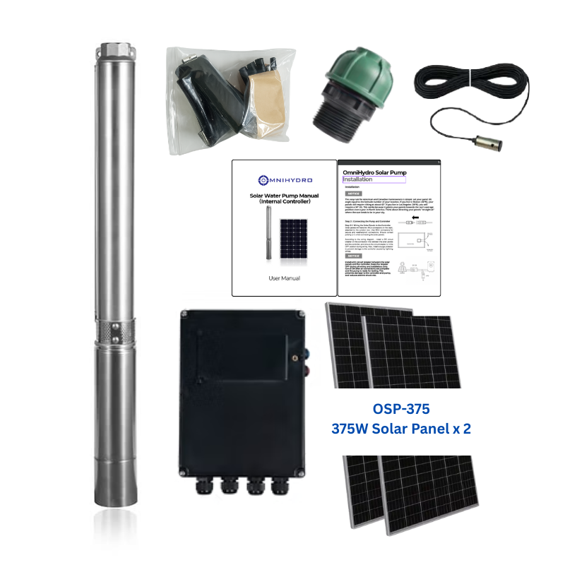 3OSP16-288 | Up to 288 ft, 15.9 GPM, 0.8HP, solar submersible pump, with internal MPPT controller