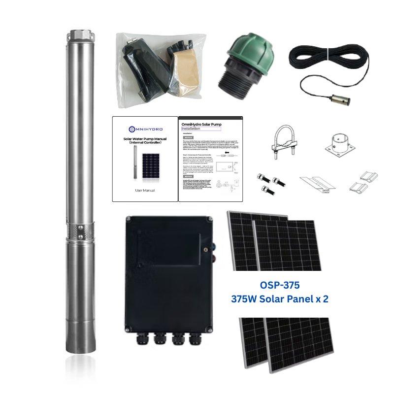 3OSP16-288 | Up to 288 ft, 15.9 GPM, 0.8HP, solar submersible pump, with internal MPPT controller