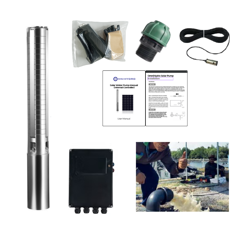 3OSP24-216 | Up to 216 ft, 24 GPM, 1.5HP, solar submersible pump, with internal MPPT controller