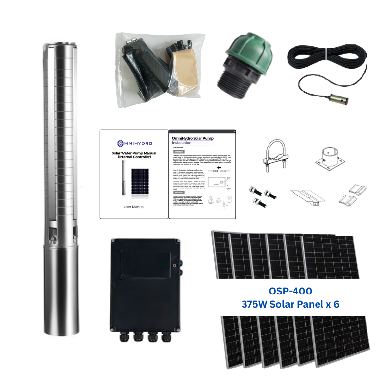 3OSP24-426 | Up to 426 ft, 24 GPM, 1.3HP, solar submersible pump, with internal MPPT controller