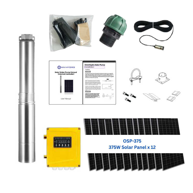 4OSP25-836 | Up to 836 ft, 25 GPM, 3 HP, solar submersible pump, with internal MPPT controller