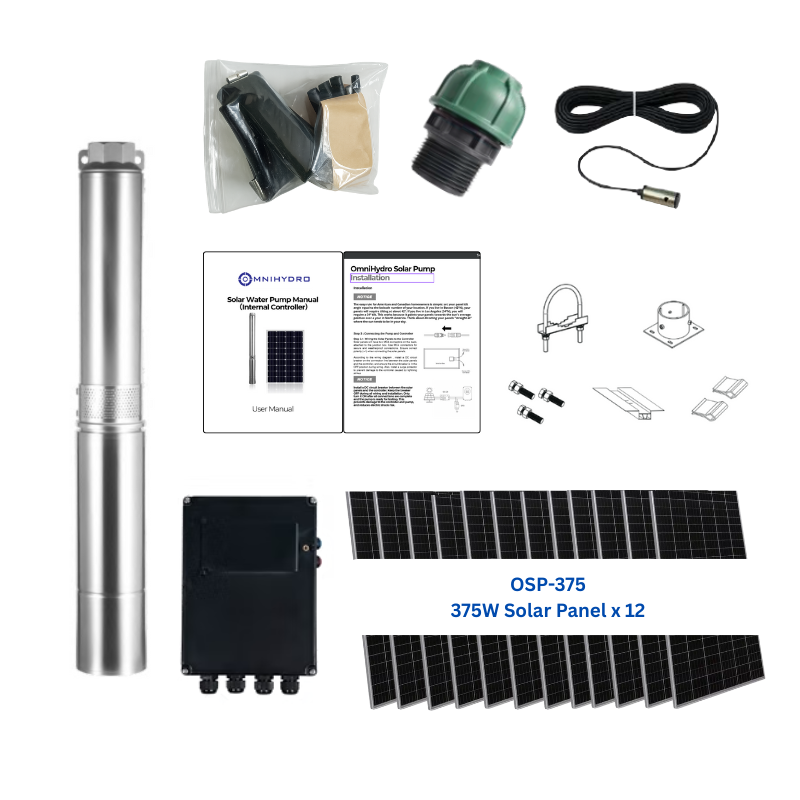 4OSP30-984 | Up to 984 ft, 30 GPM, 3 HP, solar submersible pump, with internal MPPT controller