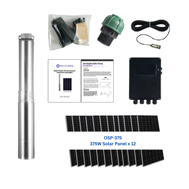 4OSP25-836 | Up to 836 ft, 25 GPM, 3 HP, solar submersible pump, with internal MPPT controller
