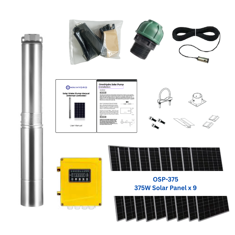 4OSP33-508 | Up to 508 ft, 33 GPM, 2 HP, solar submersible pump, with internal MPPT controller