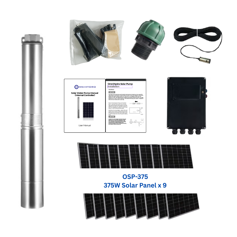 4OSP33-508 | Up to 508 ft, 33 GPM, 2 HP, solar submersible pump, with internal MPPT controller