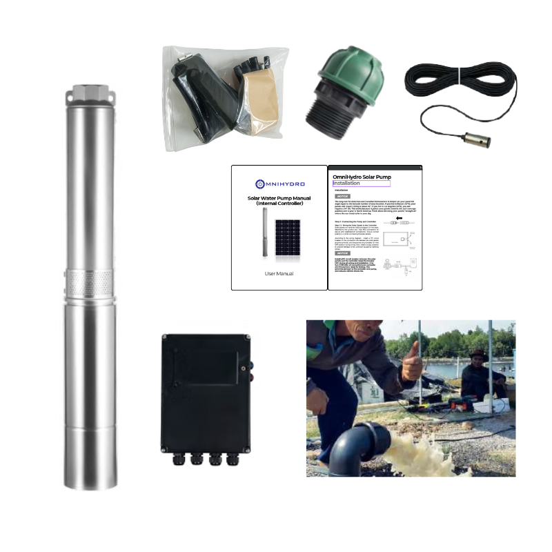 4OSP33-508 | Up to 508 ft, 33 GPM, 2 HP, solar submersible pump, with internal MPPT controller