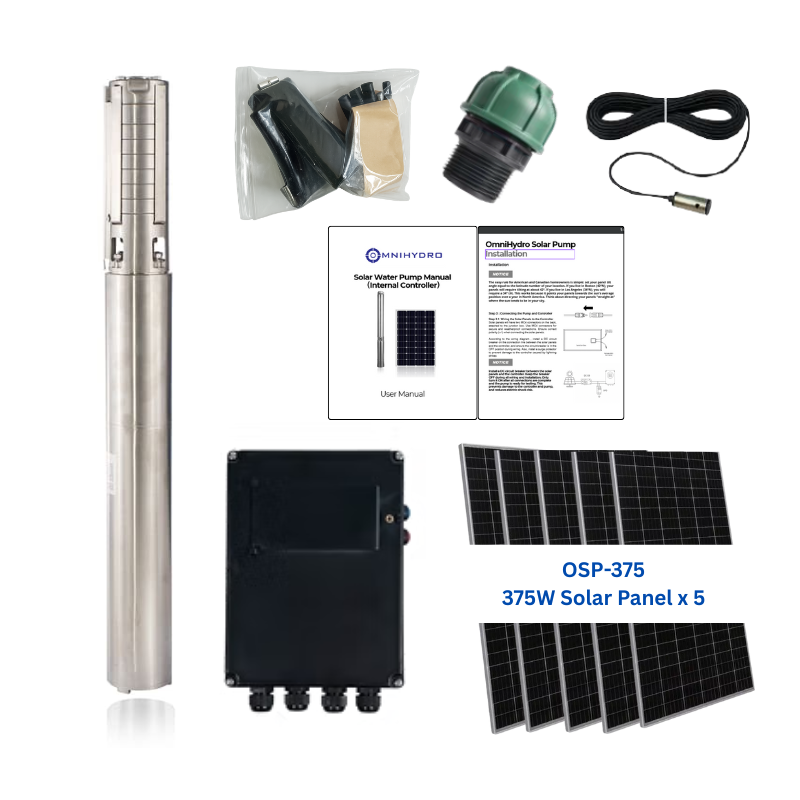4OSP66-217 | Up to 217 ft, 66.7 GPM, 1.61 HP, solar submersible pump, with internal MPPT controller