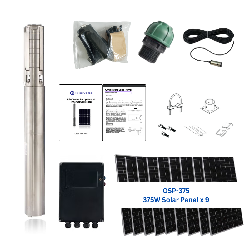 4OSP66-288 | Up to 288 ft, 66.7 GPM, 3 HP, solar submersible pump, with internal MPPT controller