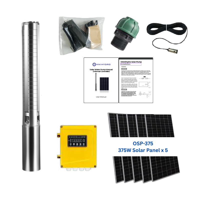 3OSP24-216 | Up to 216 ft, 24 GPM, 1.5HP, solar submersible pump, with internal MPPT controller