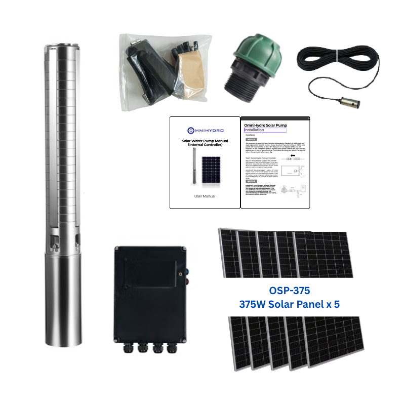 3OSP24-216 | Up to 216 ft, 24 GPM, 1.5HP, solar submersible pump, with internal MPPT controller