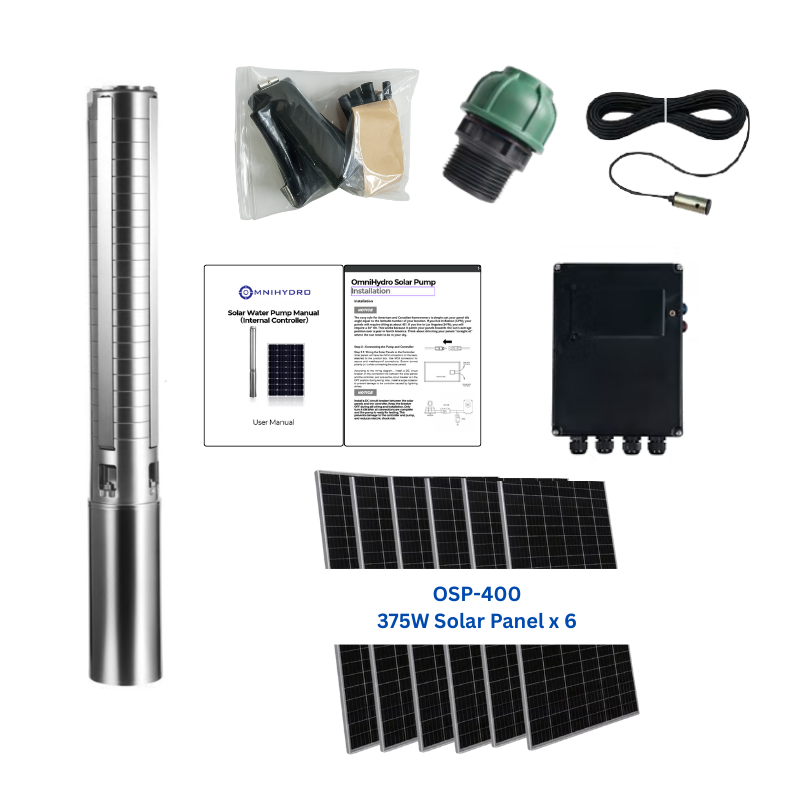 3OSP24-426 | Up to 426 ft, 24 GPM, 1.3HP, solar submersible pump, with internal MPPT controller