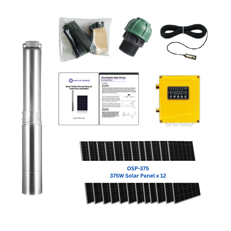4OSP30-984 | Up to 984 ft, 30 GPM, 3 HP, solar submersible pump, with internal MPPT controller