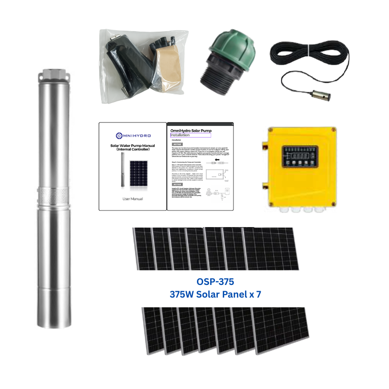 4OSP58-256 | Up to 256 ft, 58 GPM, 1.5HP, solar submersible pump, with internal MPPT controller