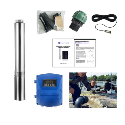4OSP25-836 | Up to 836 ft, 25 GPM, 3 HP, solar submersible pump, with internal MPPT controller