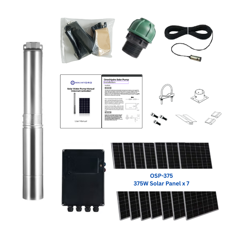 4OSP58-256 | Up to 256 ft, 58 GPM, 1.5HP, solar submersible pump, with internal MPPT controller