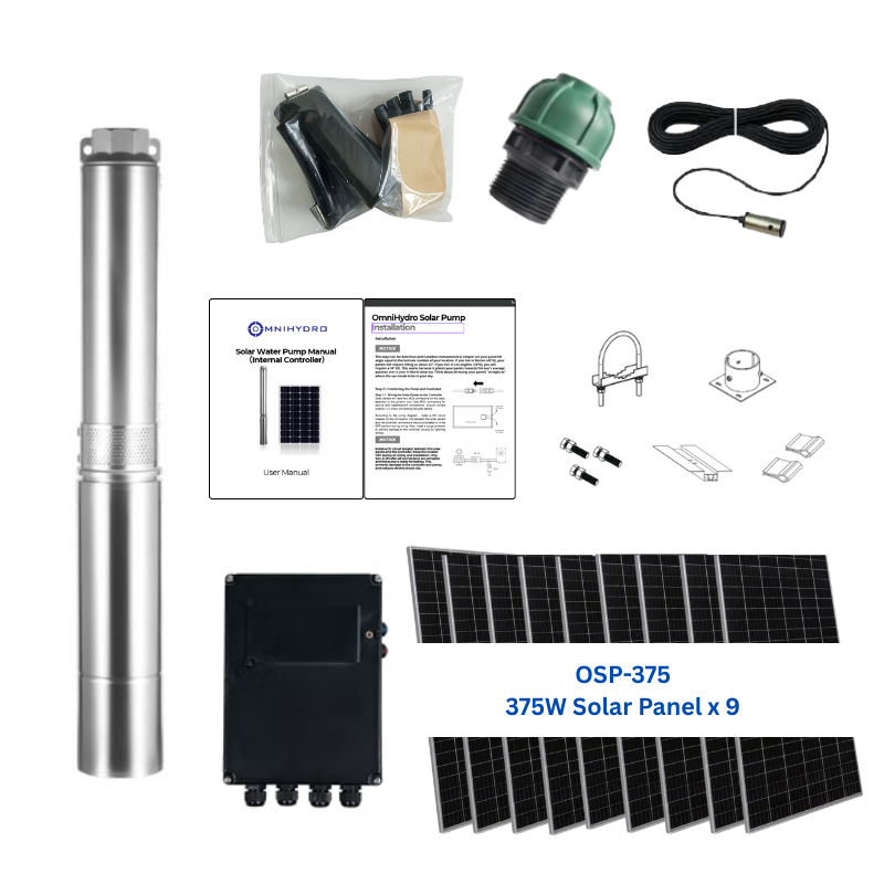 4OSP33-508 | Up to 508 ft, 33 GPM, 2 HP, solar submersible pump, with internal MPPT controller