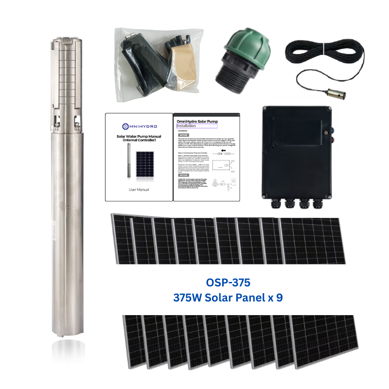 4OSP66-288 | Up to 288 ft, 66.7 GPM, 3 HP, solar submersible pump, with internal MPPT controller